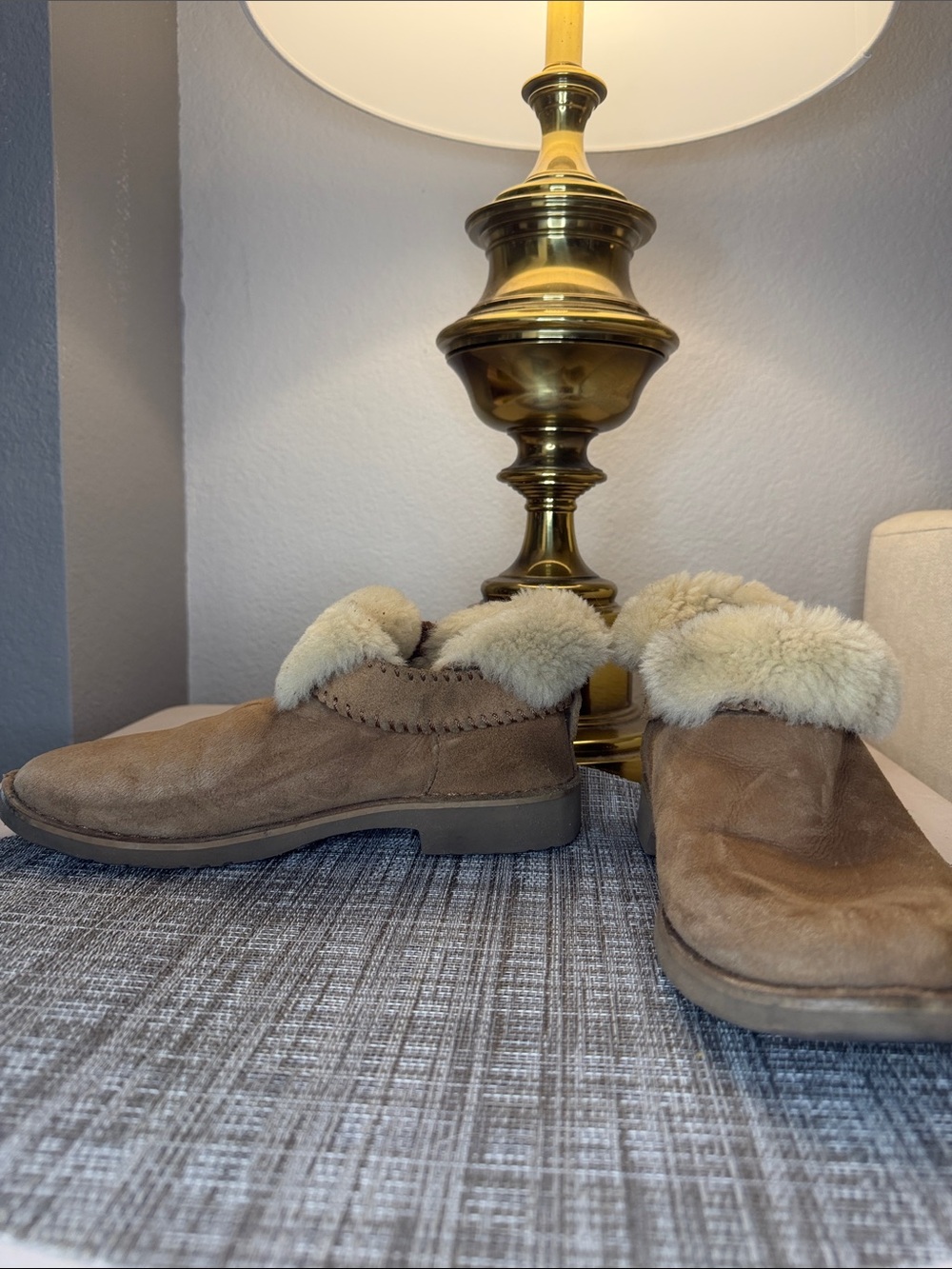 UGG Brown Suede Slip-On Shoes with Cream Fur Cuff